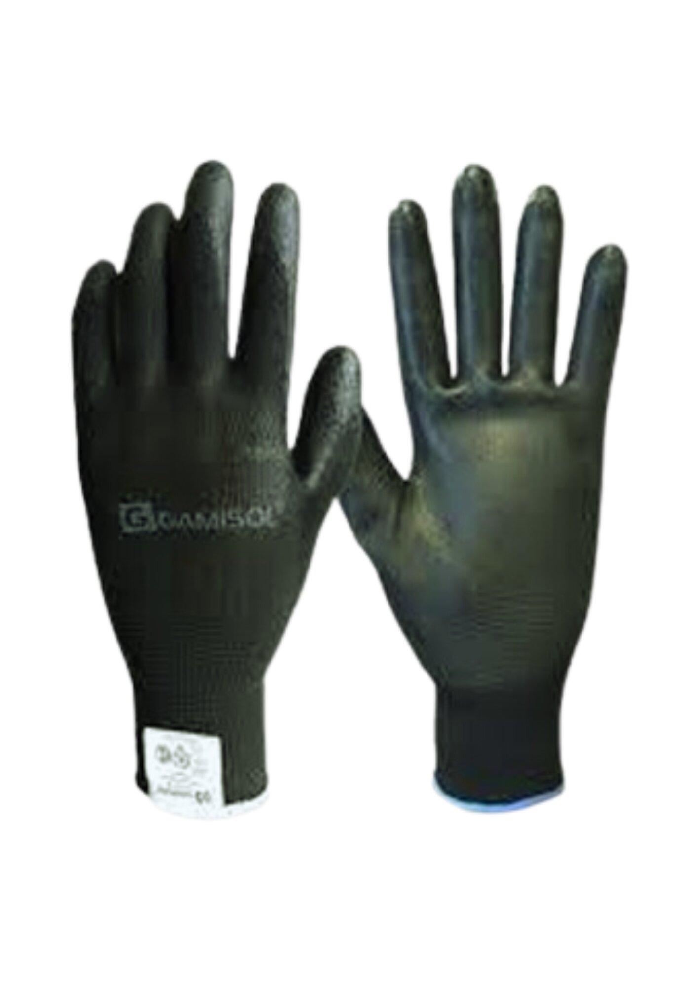 Par de guantes tejidos G13 poliéster negro bañado en poliuretano, dorso ventilado