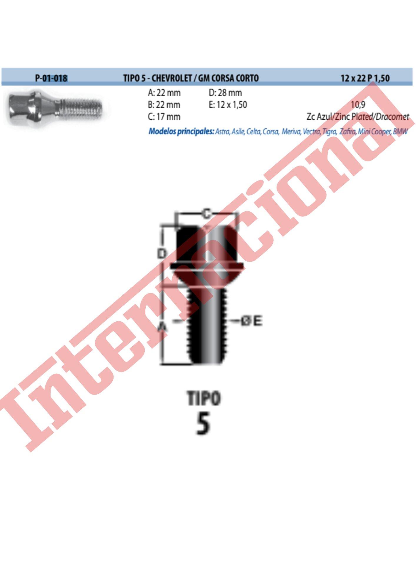 Bulón de rueda tipo 5 corto — Chevrolet (Astra, Celta, Corsa, Meriva, Tigra, Vectra, Zafira)