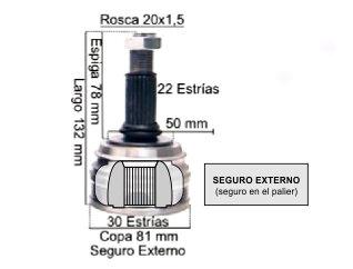 Homocinetica volkswagen Gol/Senda/Saveiro estrias 22/30 copa 80 mm seguro externo - 548 - 325/129A - 25/129A)