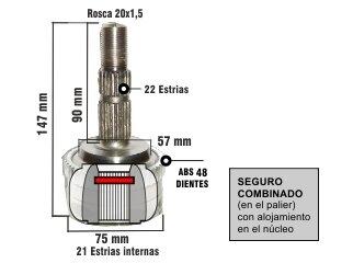 Homocinetica Classic/Celta/Agile estrias 22/21 - Largo 147 mm - Copa 75 mm - Seguro intermedio (45/909A) Chevrolet | Agile