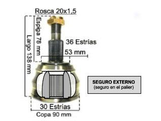 Homocinetica volkswagen passat 91/96/Bora/Golf Iii/Iv/V estrias 36/30 - Copa 90 mm - Seguro interno_