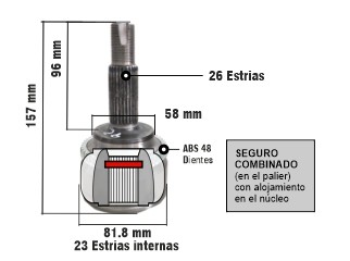Toyota corolla 02/08 con abs estrias 26/23 - Largo 153MM - Abs 48 dientes - Lado rueda_