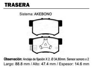 PASTILLA FRENO (PD645) HONDA CRV 05/09 TRASERA SISTEMA AKEBONO 88.80X47.40X14.60 MM_