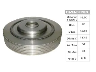 Polea ciguenal renault Sandero/Logan/Symbol/Fluence/Clio Ii/Kangoo/Duster 1.6 16V K4M 26X134X34 mm - 6PK