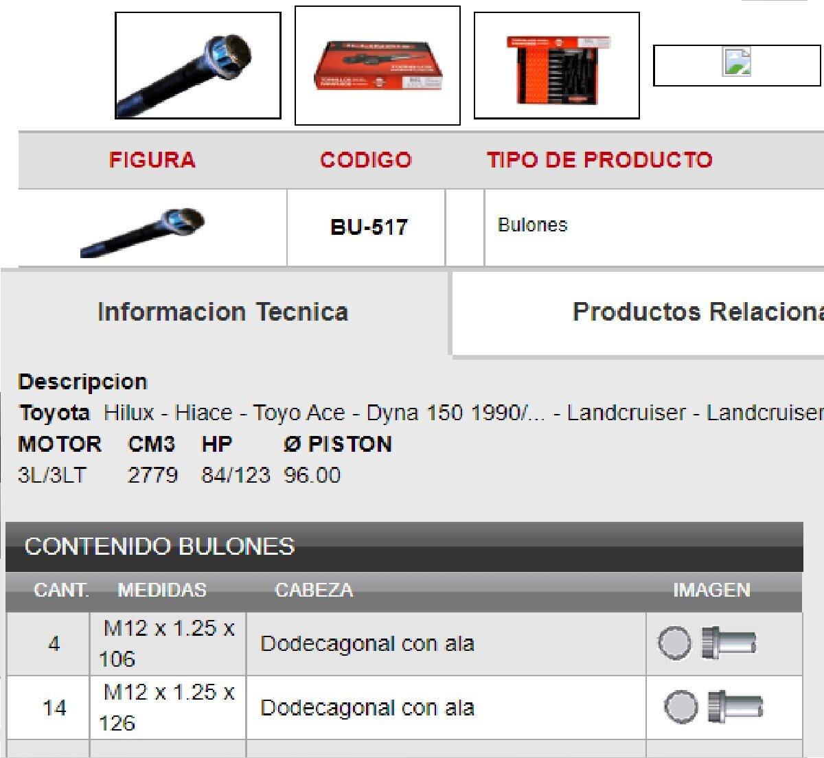 TORNILLO TAPA CILINDRO HILUX/HIACE/LAND CRUISER/DYNA 2L 3L M12X1.25X106/126MM TO06421350 B920100 TOYOTA